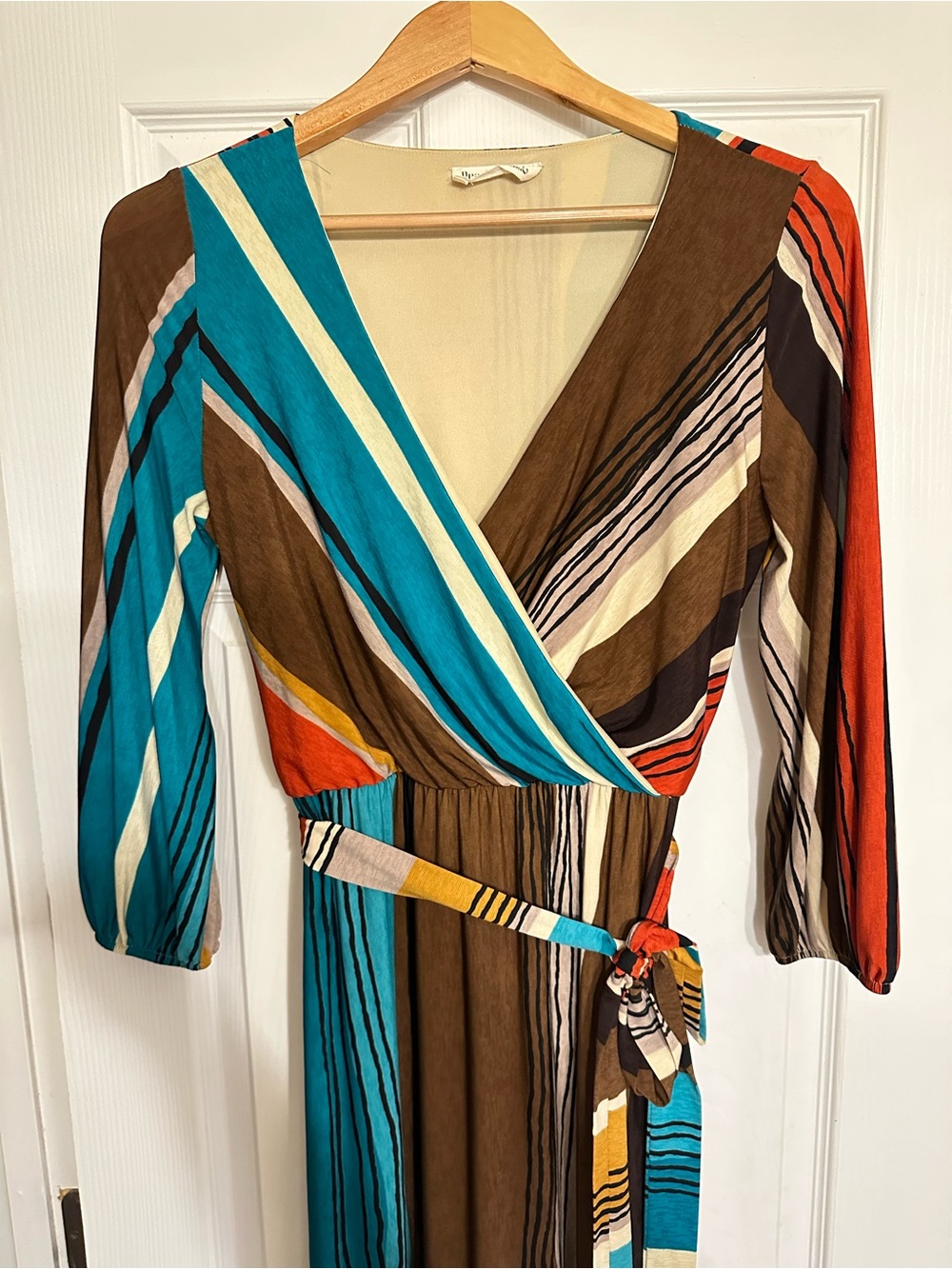 Peach Love California Boho Earthy Striped Wrap Maxi Dress 3/4 Sleeve M Slimming